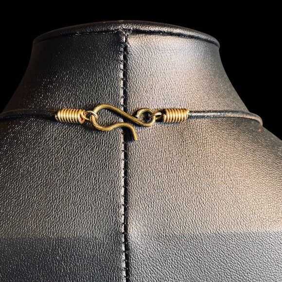 Artisan Blue Beaded Necklace Brass Accents Leather Cord Boho Tribal Vintage Look - Picture 8 of 9